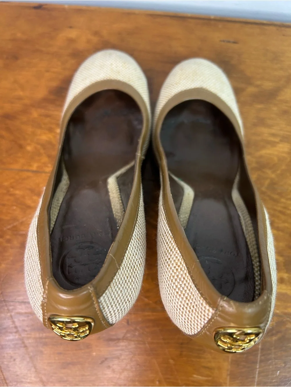 Tory Burch Women's Cream and Brown Woven Wedge size 10
